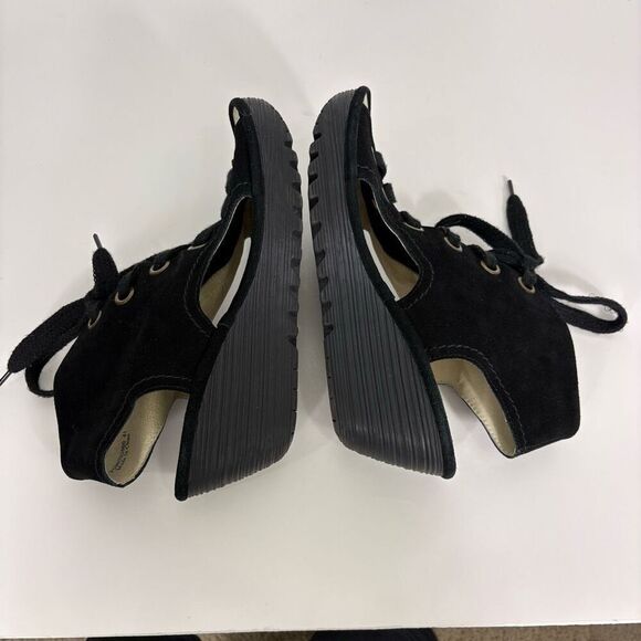 Fly London Black Suede Cutout Side & Open Toe Wedge Sandals Size 10-10.5 - Picture 10 of 12